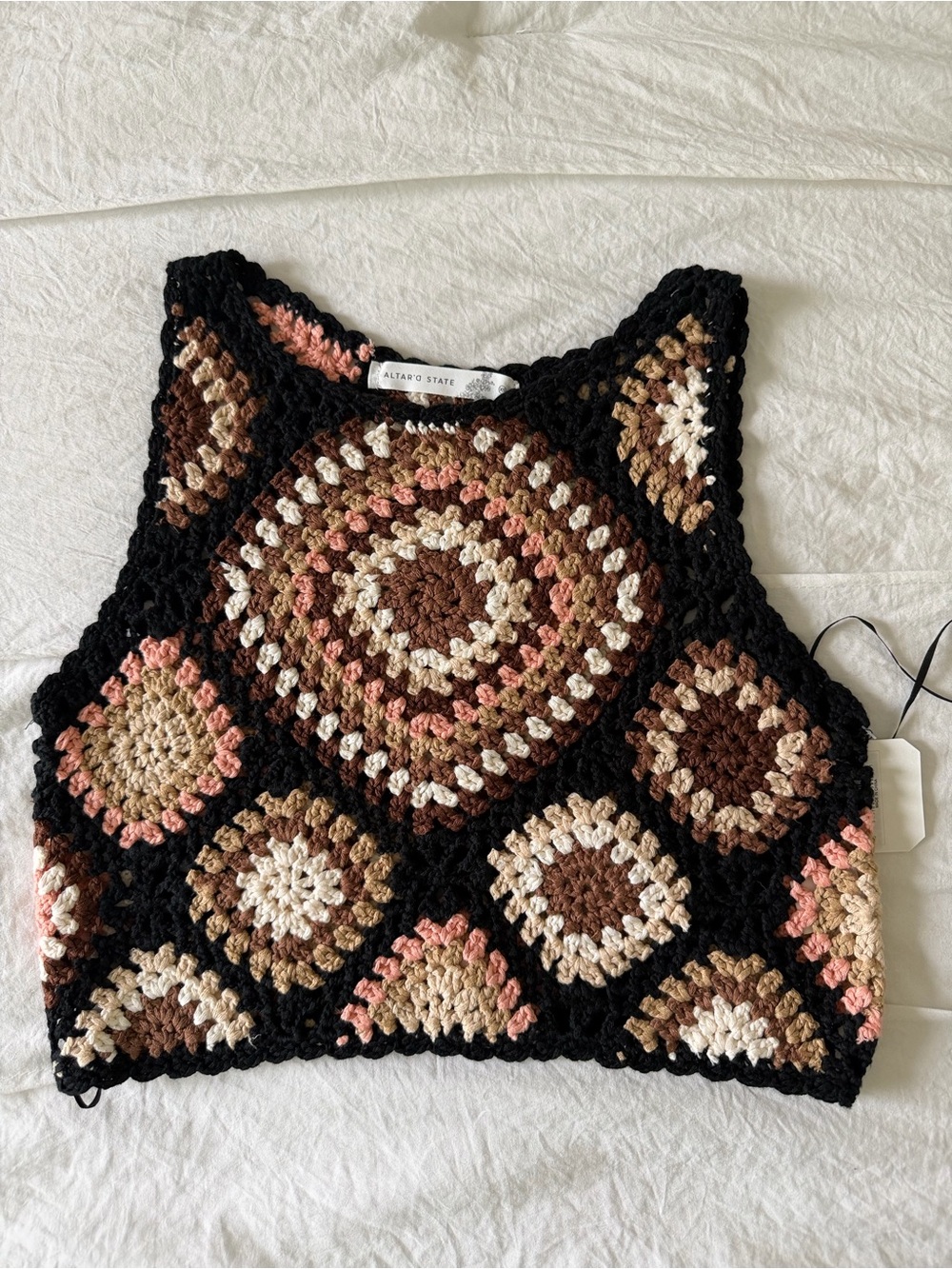Altar'd State Black Crochet Crop Top with Brown, Cream & Pink Motifs